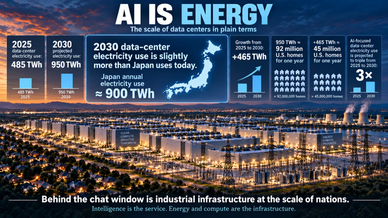 AI Is Energy: a data-center illustration compares a 2025 electricity estimate with a 2030 projection; the values are reproduced in the article’s interactive figure.