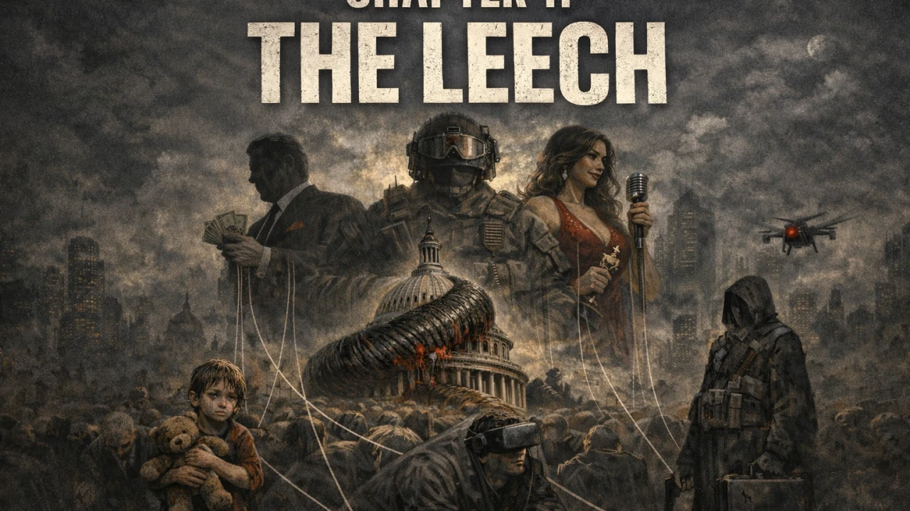 A leech coils around the US Capitol beneath figures representing money, force, and spectacle, with the public below.