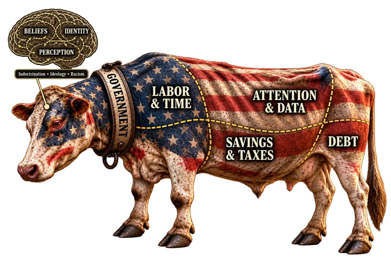 The Host diagram: a flag-patterned cow labeled labor and time, attention and data, savings and taxes, and debt; a government collar; and beliefs, identity, and perception above its head, tagged indoctrination, ideology, racism.