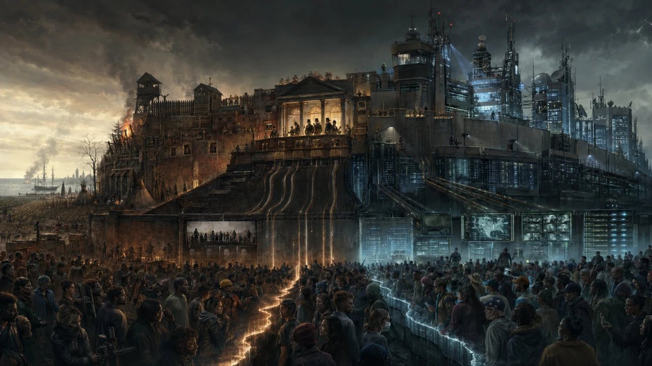 An industrial fortress grows from colonial walls into a digital surveillance complex above a crowded public.