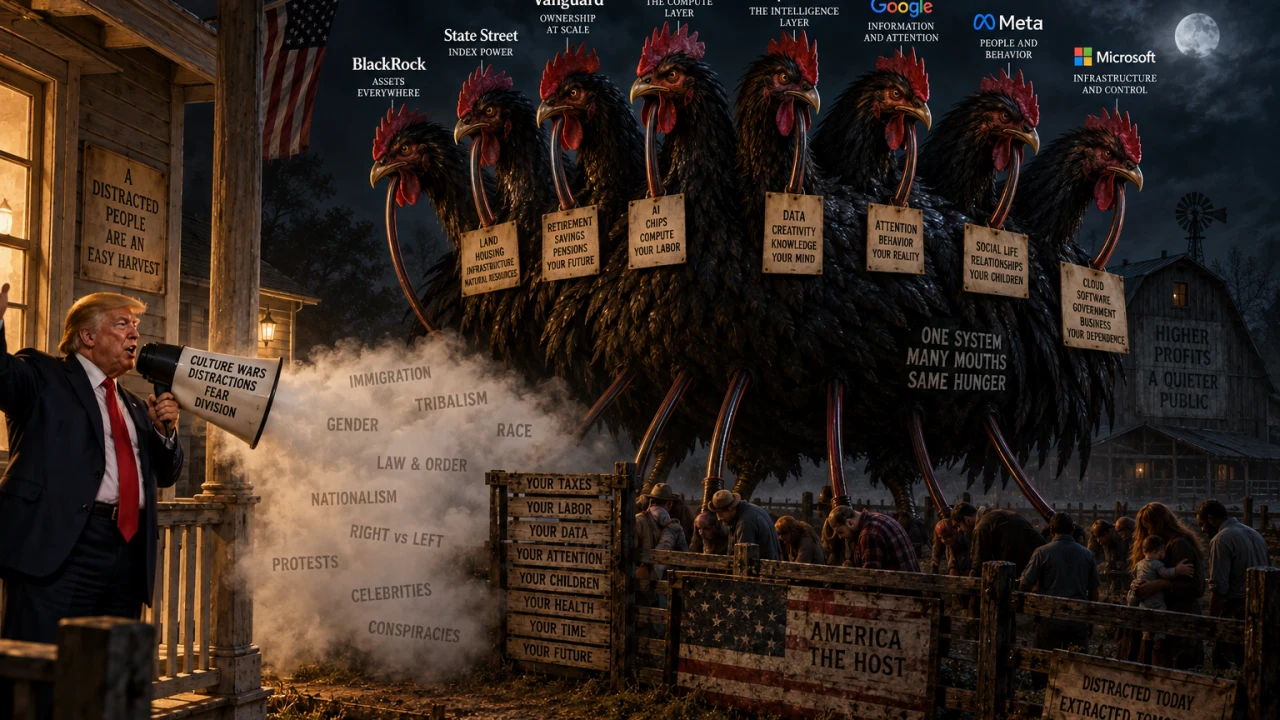 A political illustration depicts corporate power as a many-headed creature extracting public resources while a politician amplifies cultural conflict.