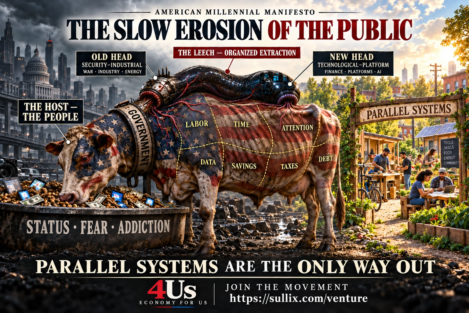 AMM illustration showing a two-headed leech feeding on a cow representing the public, beside a community building parallel systems.